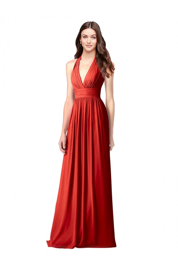 Compra Rojo línea A Halter Cuello en V Gasa Largo Vestidos de dama de honor