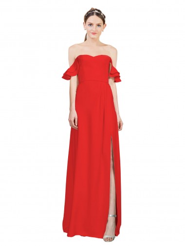Compra Rojo línea A Hombros Descubiertos Crepé Elástico Largo Formales Vestidos de dama de honor / Vestidos de fiesta