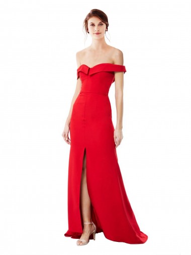 Compra Rojo línea A Hombros Descubiertos Crepé Elástico Largo Formales Vestidos de dama de honor / Vestidos de fiesta