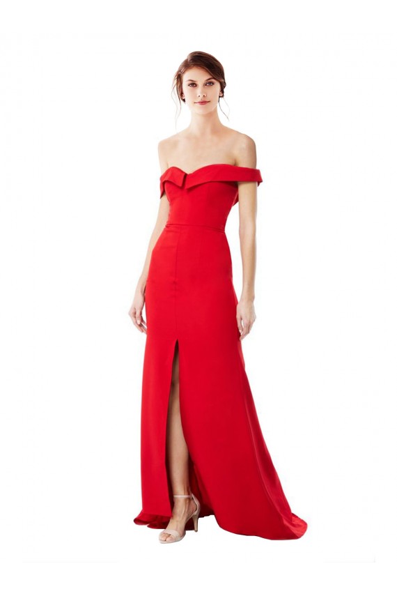 Compra Rojo línea A Hombros Descubiertos Crepé Elástico Largo Formales Vestidos de dama de honor / Vestidos de fiesta