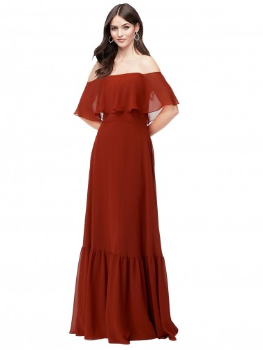 Compra Rojo línea A Hombros Descubiertos Gasa Largo Vestidos de dama de honor