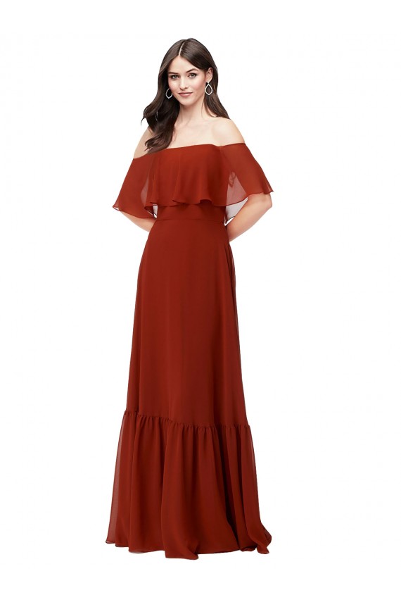 Compra Rojo línea A Hombros Descubiertos Gasa Largo Vestidos de dama de honor