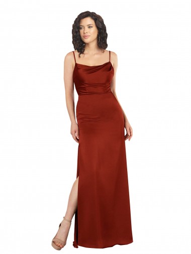 Compra Rojo línea A Tirantes espagueti Cuadrado Satén sedoso Largo Formales Vestidos de dama de honor / Vestidos de fiesta