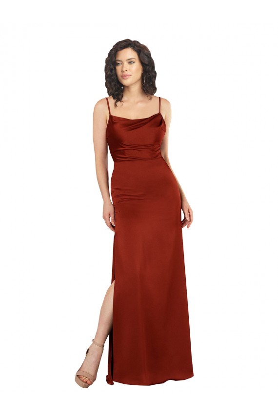 Compra Rojo línea A Tirantes espagueti Cuadrado Satén sedoso Largo Formales Vestidos de dama de honor / Vestidos de fiesta