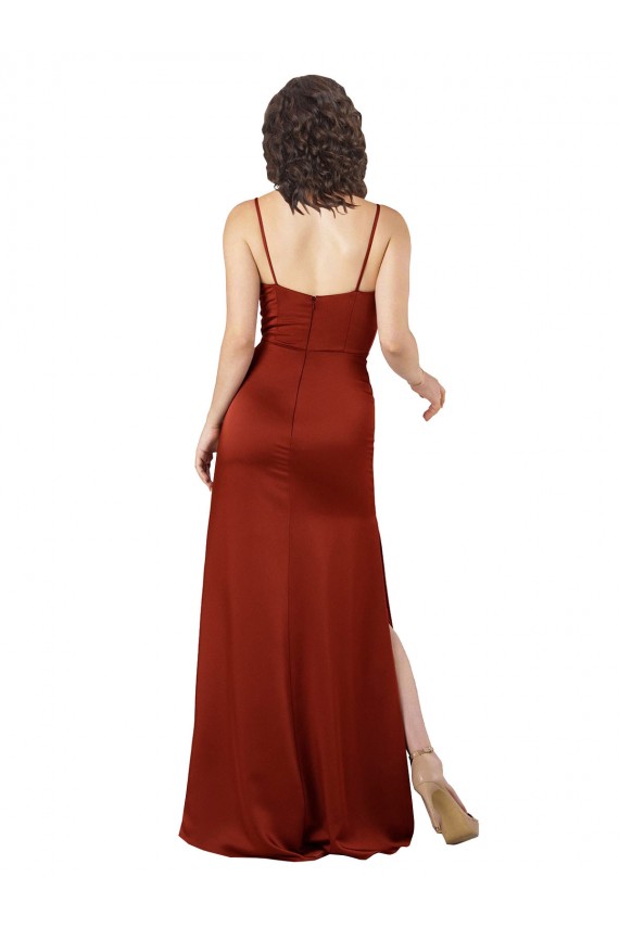 Compra Rojo línea A Tirantes espagueti Cuadrado Satén sedoso Largo Formales Vestidos de dama de honor / Vestidos de fiesta