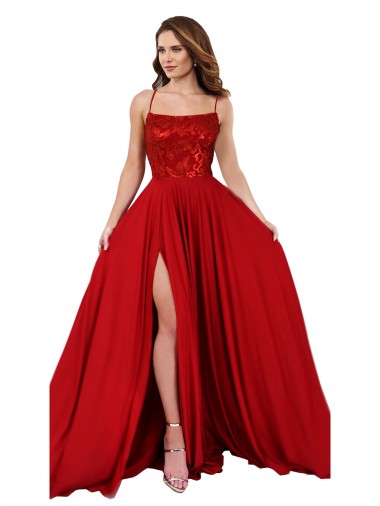 Compra Rojo línea A Tirantes espagueti Cuadrado Spandex Encaje Largo Vestidos de dama de honor / Vestidos de fiesta