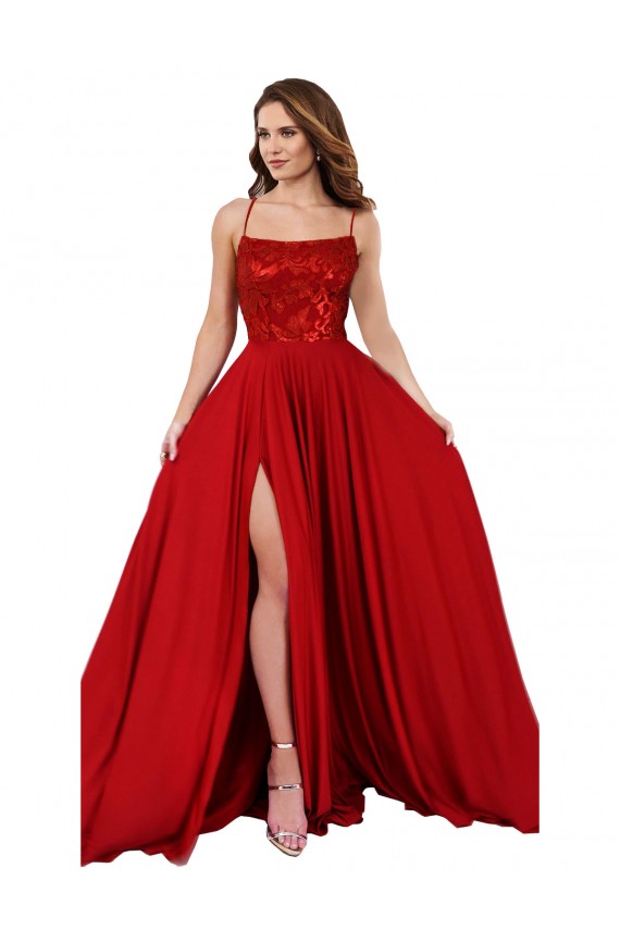 Compra Rojo línea A Tirantes espagueti Cuadrado Spandex Encaje Largo Vestidos de dama de honor / Vestidos de fiesta