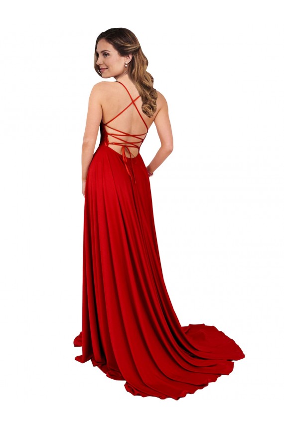 Compra Rojo línea A Tirantes espagueti Cuadrado Spandex Encaje Largo Vestidos de dama de honor / Vestidos de fiesta