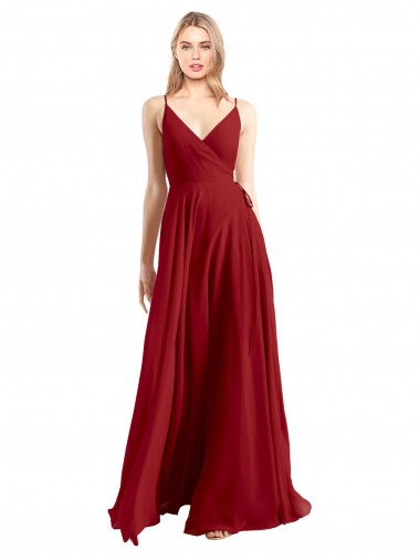 Compra Rojo línea A Tirantes espagueti Cuello en V Gasa Largo Vestidos de dama de honor