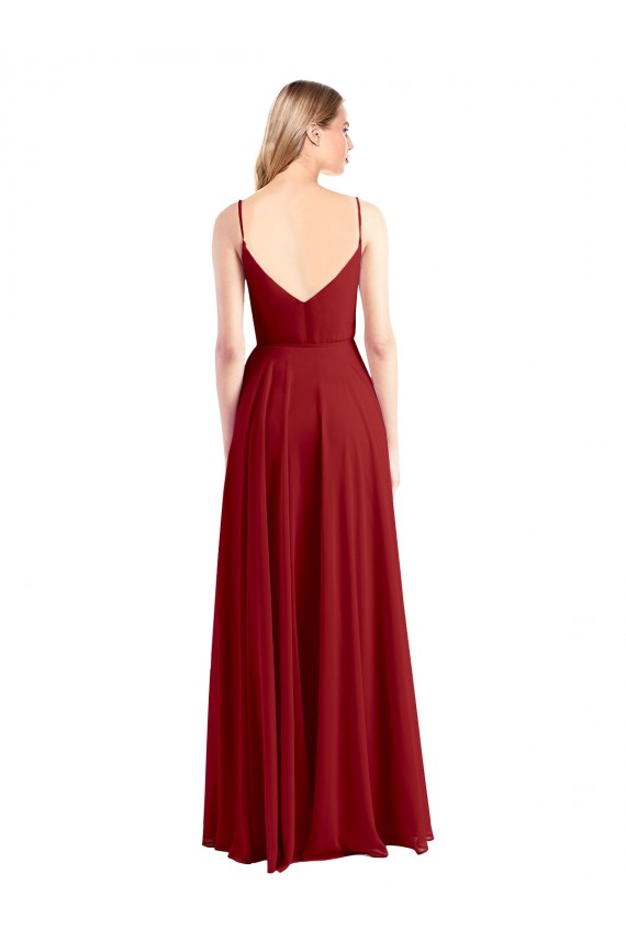 Compra Rojo línea A Tirantes espagueti Cuello en V Gasa Largo Vestidos de dama de honor