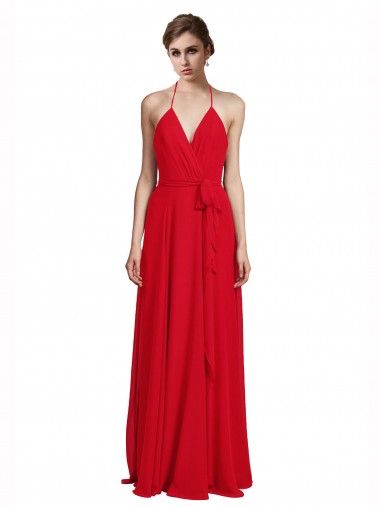 Compra Rojo línea A Tirantes espagueti Halter Cuello en V Gasa Largo Vestidos de dama de honor