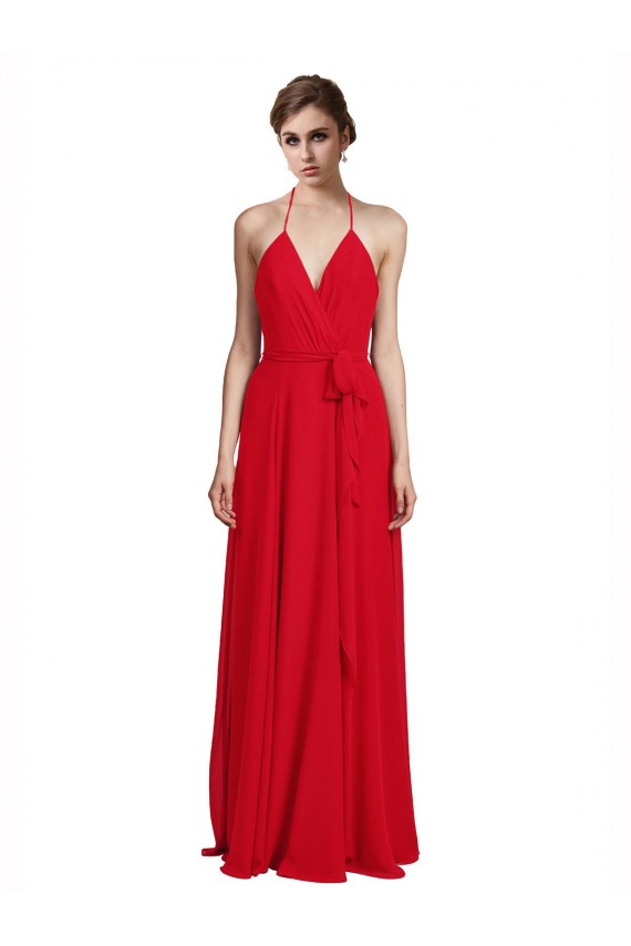 Compra Rojo línea A Tirantes espagueti Halter Cuello en V Gasa Largo Vestidos de dama de honor