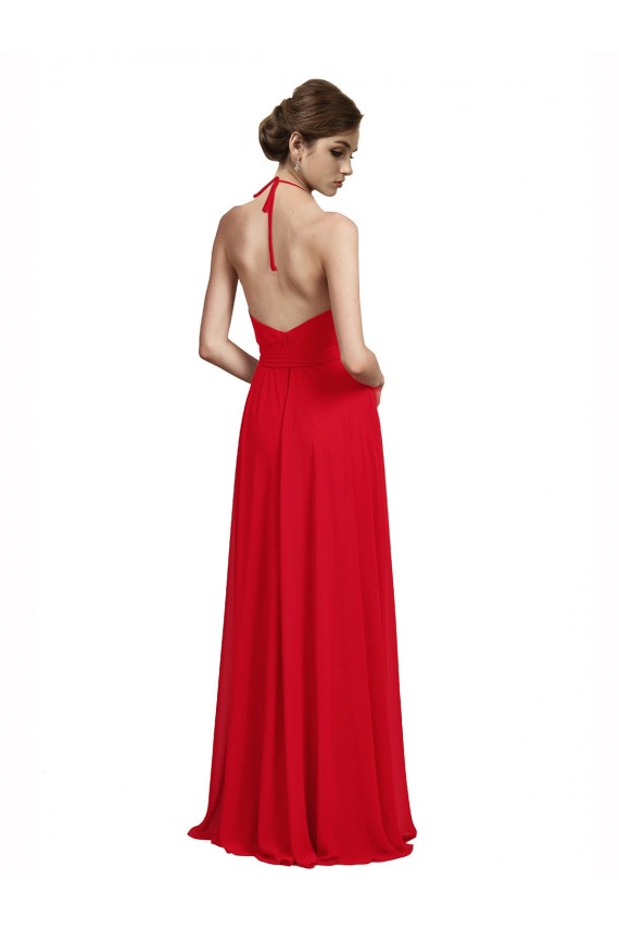 Compra Rojo línea A Tirantes espagueti Halter Cuello en V Gasa Largo Vestidos de dama de honor