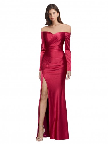 Compra Rojo oscuro Cubierta Cuello de Corazón Satén elástico Largo Formales Vestidos de dama de honor / Vestidos de fiesta
