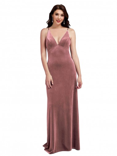 Compra Rosa Canela línea A Cuello en V Terciopelo Elástico Largo Formales Vestidos de dama de honor / Vestidos de fiesta