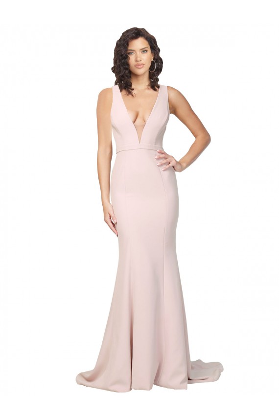 Compra Rosa Cubierta Cuello en V Barrer tren Crepé Elástico Largo Formales Vestidos de dama de honor / Vestidos de fiesta