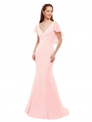 Compra Rosa Sirena Cuello en V Gasa Largo Vestidos de dama de honor
