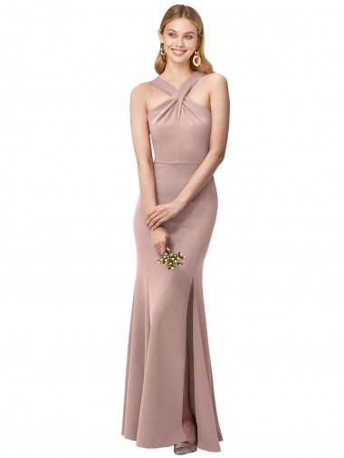 Compra Rosa empolvado Cubierta Halter Cuello Alto Crepé Elástico Largo Vestidos de dama de honor / Vestidos de fiesta