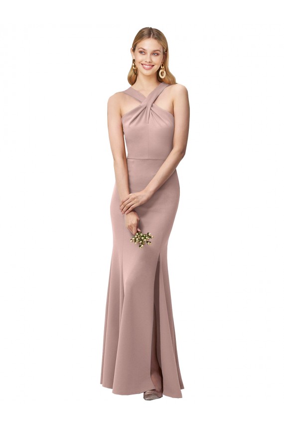 Compra Rosa empolvado Cubierta Halter Cuello Alto Crepé Elástico Largo Vestidos de dama de honor / Vestidos de fiesta