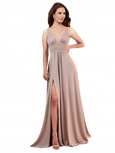 Compra Rosa empolvado línea A Cuello en V Spandex Largo Formales Vestidos de dama de honor / Vestidos de fiesta