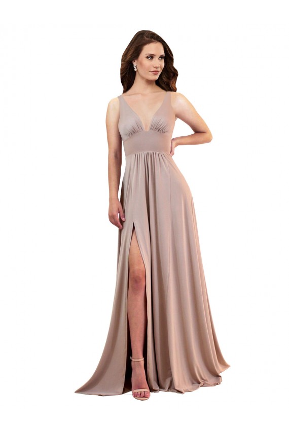 Compra Rosa empolvado línea A Cuello en V Spandex Largo Formales Vestidos de dama de honor / Vestidos de fiesta