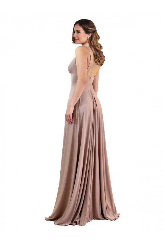 Compra Rosa empolvado línea A Cuello en V Spandex Largo Formales Vestidos de dama de honor / Vestidos de fiesta
