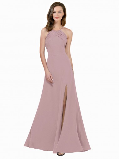 Compra Rosa empolvado línea A Cuello joya Cuello Alto Crepé Elástico Largo Vestidos de dama de honor / Vestidos de fiesta