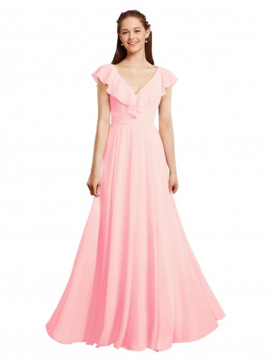 Compra Rosa línea A Cuello en V Gasa Largo Vestidos de dama de honor