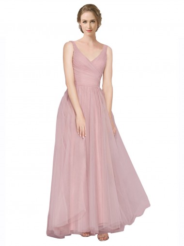 Compra Rosa línea A Cuello en V Tul Largo Vestidos de dama de honor