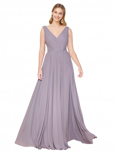 Compra Rosa polvorienta línea A Cuello en V Cuello Alto Gasa Largo Formales Vestidos de dama de honor / Vestidos de fiesta
