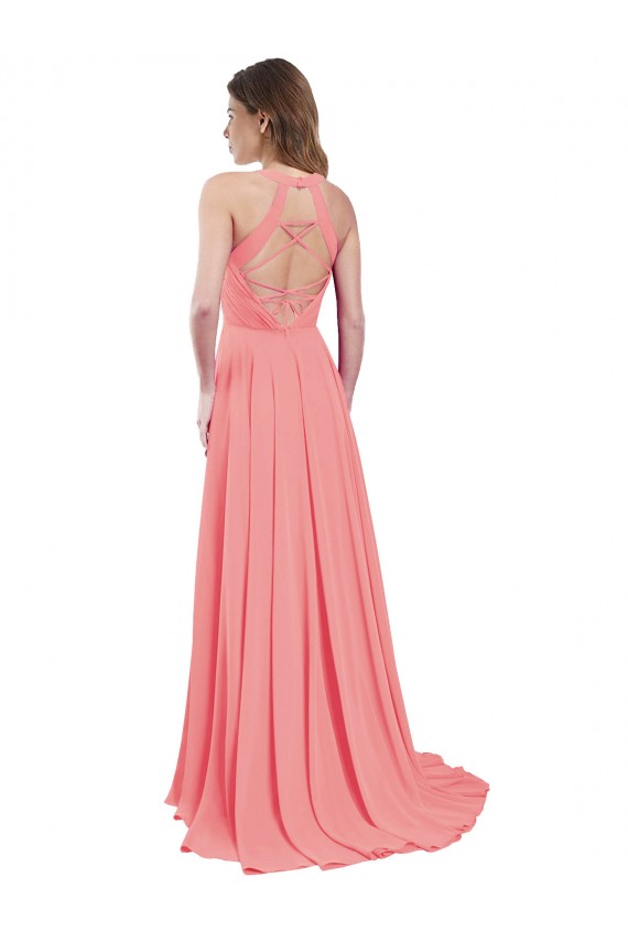 Compra Sandía línea A Halter Gasa Largo Vestidos de dama de honor