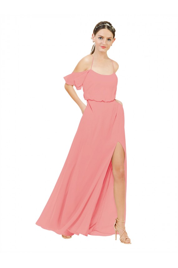 Compra Sandía línea A Hombros Descubiertos Gasa Largo Vestidos de dama de honor