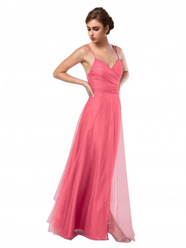 Compra Sandía línea A Tirantes espagueti Tul Largo Vestidos de dama de honor
