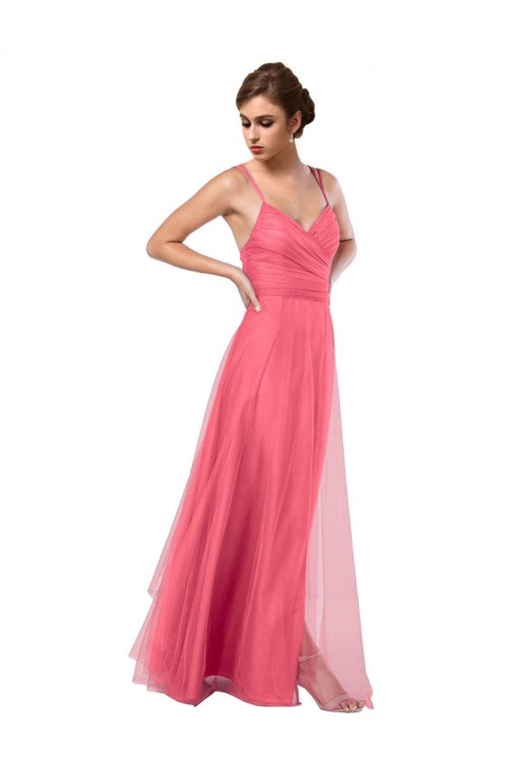 Compra Sandía línea A Tirantes espagueti Tul Largo Vestidos de dama de honor