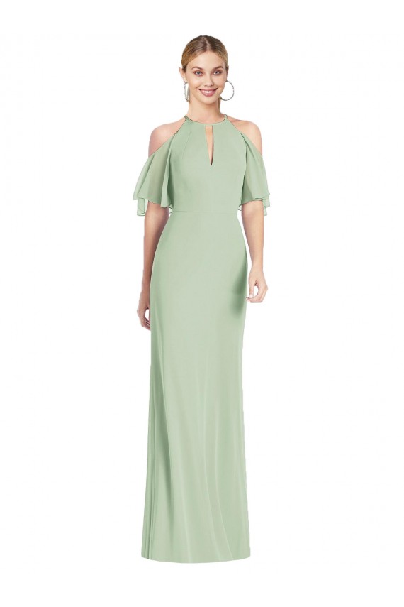Compra Verde Salvia Sirena Halter Gasa Largo Vestidos de dama de honor
