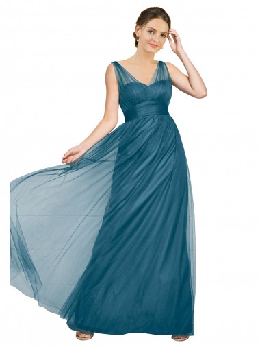 Compra Verde azulado línea A Cuello en V Tul Largo Vestidos de dama de honor