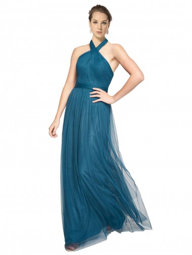 Compra Verde azulado línea A Halter Cuello Alto Tul Largo Vestidos de dama de honor