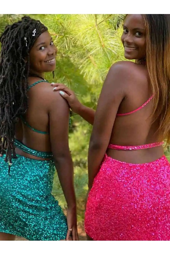 Compra Verde oscuro Cubierta Cuello en V Corto Lentejuelas Terciopelo Corto Vestidos de fiesta