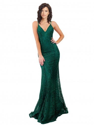Compra Verde oscuro Sirena Cuello en V Encaje Largo Vestidos de dama de honor / Vestidos de fiesta