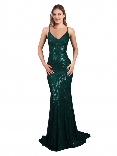 Compra Verde oscuro Sirena Cuello en V Lentejuela Largo Formales Vestidos de dama de honor / Vestidos de fiesta
