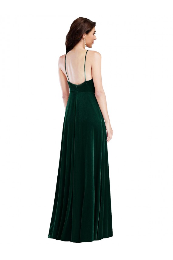 Compra Verde oscuro línea A Halter Cuello Alto Terciopelo Elástico Largo Vestidos de dama de honor / Vestidos de fiesta