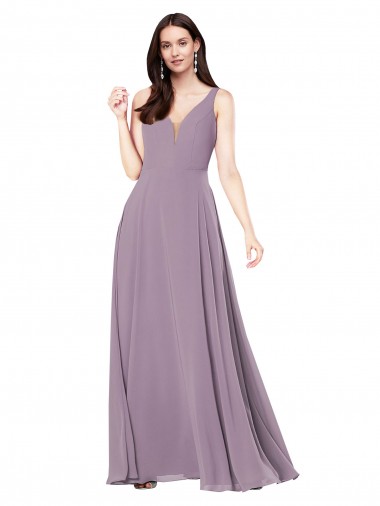 Compra lavanda oscura Cubierta Cuello en V Gasa Largo Formales Vestidos de dama de honor / Vestidos de noche