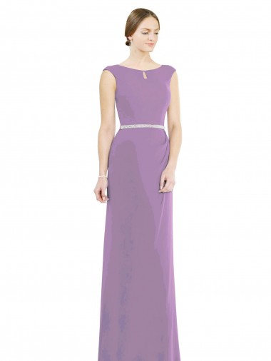 Compra lavanda oscura línea A Cuello Barco Cuello Alto Gasa Largo Vestidos de dama de honor
