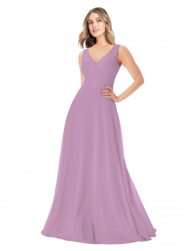 Compra lavanda oscura línea A Cuello en V Gasa Largo Vestidos de dama de honor