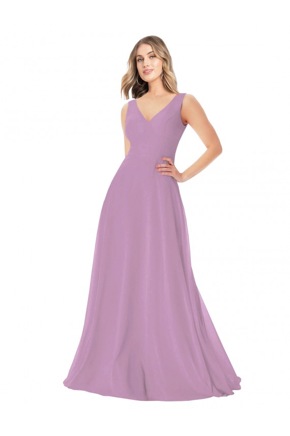 Compra lavanda oscura línea A Cuello en V Gasa Largo Vestidos de dama de honor