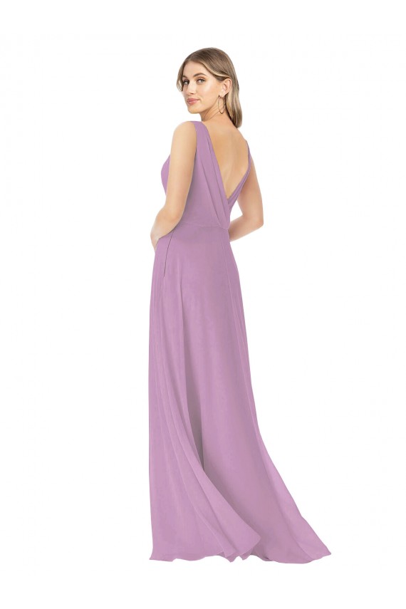 Compra lavanda oscura línea A Cuello en V Gasa Largo Vestidos de dama de honor