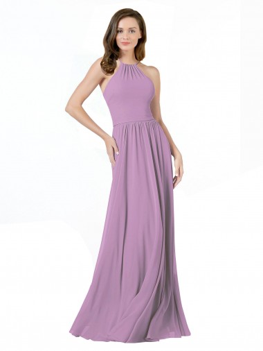 Compra lavanda oscura línea A Halter Gasa Largo Vestidos de dama de honor