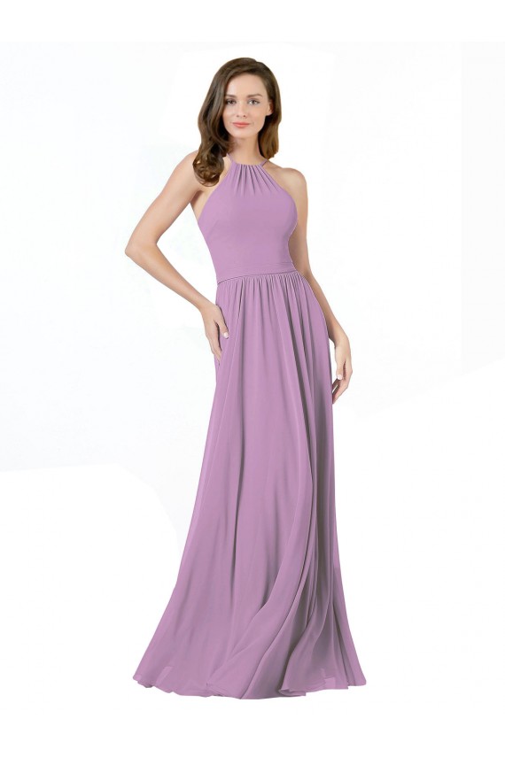 Compra lavanda oscura línea A Halter Gasa Largo Vestidos de dama de honor