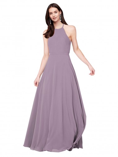Compra lavanda oscura línea A Halter Gasa Largo Vestidos de dama de honor