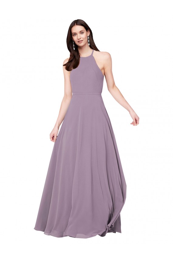 Compra lavanda oscura línea A Halter Gasa Largo Vestidos de dama de honor